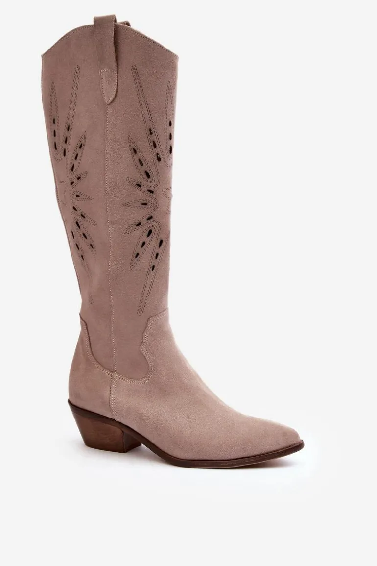 Zazoo 2909 Zamszowe Kozaki Ażurowe Na Niskim Obcasie Beżowe