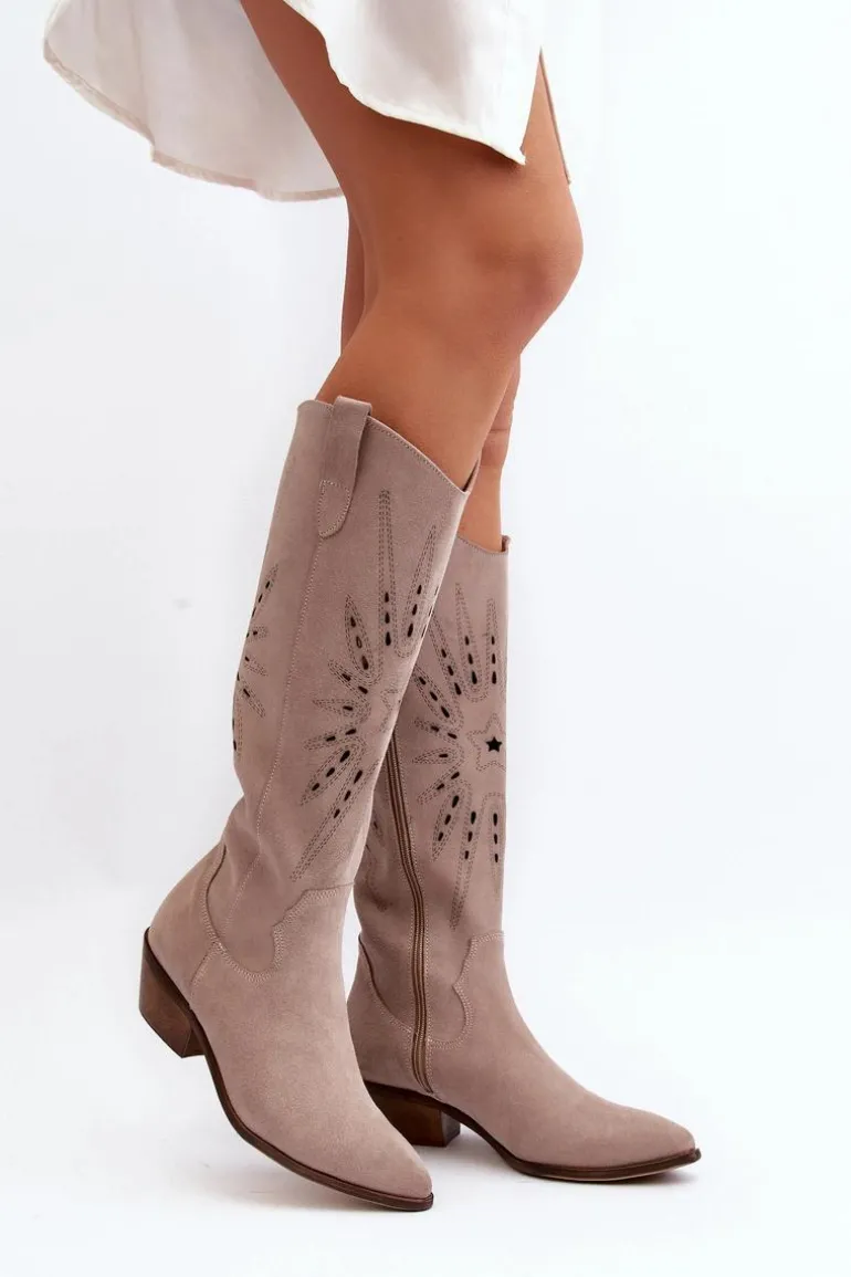 Zazoo 2909 Zamszowe Kozaki Ażurowe Na Niskim Obcasie Beżowe