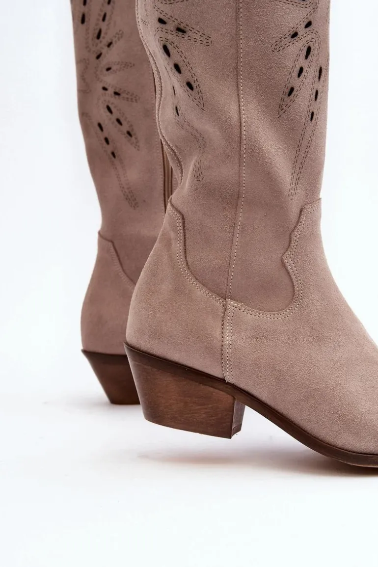 Zazoo 2909 Zamszowe Kozaki Ażurowe Na Niskim Obcasie Beżowe