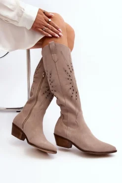 Zazoo 2909 Zamszowe Kozaki Ażurowe Na Niskim Obcasie Beżowe