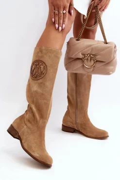 Zazoo 3367 Zamszowe Kozaki Damskie Przed Kolano Beżowe