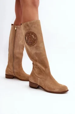 Zazoo 3367 Zamszowe Kozaki Damskie Przed Kolano Beżowe