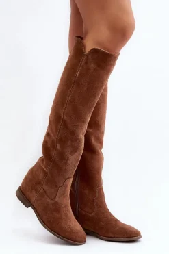 Zazoo 3407 Zamszowe Kozaki Do Kolana Na Płaskim Obcasie Camel