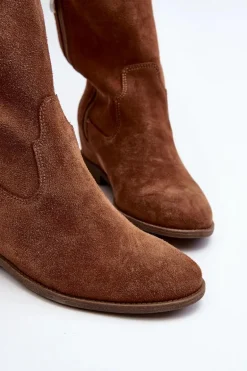 Zazoo 3407 Zamszowe Kozaki Do Kolana Na Płaskim Obcasie Camel