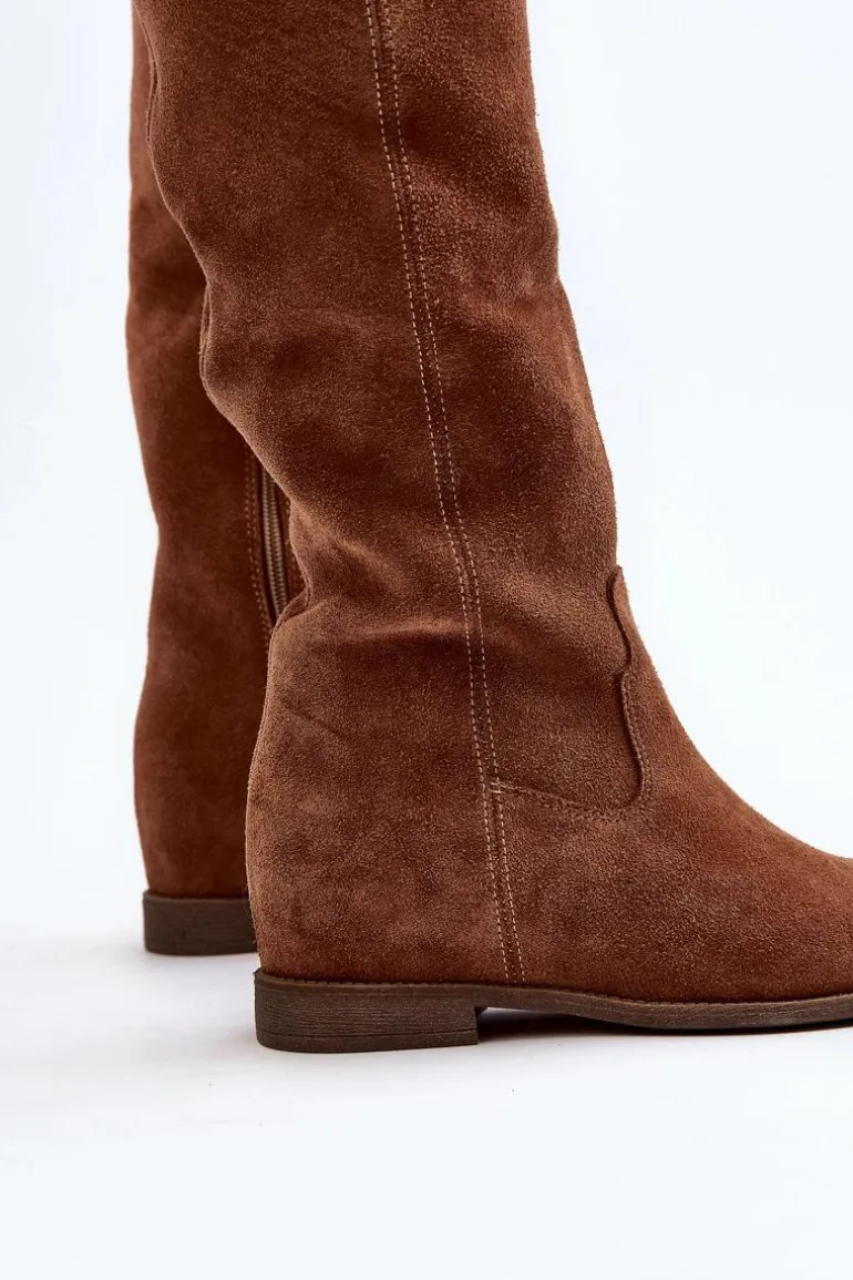 Zazoo 3407 Zamszowe Kozaki Do Kolana Na Płaskim Obcasie Camel