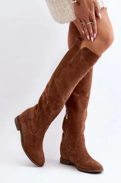 Zazoo 3407 Zamszowe Kozaki Do Kolana Na Płaskim Obcasie Camel