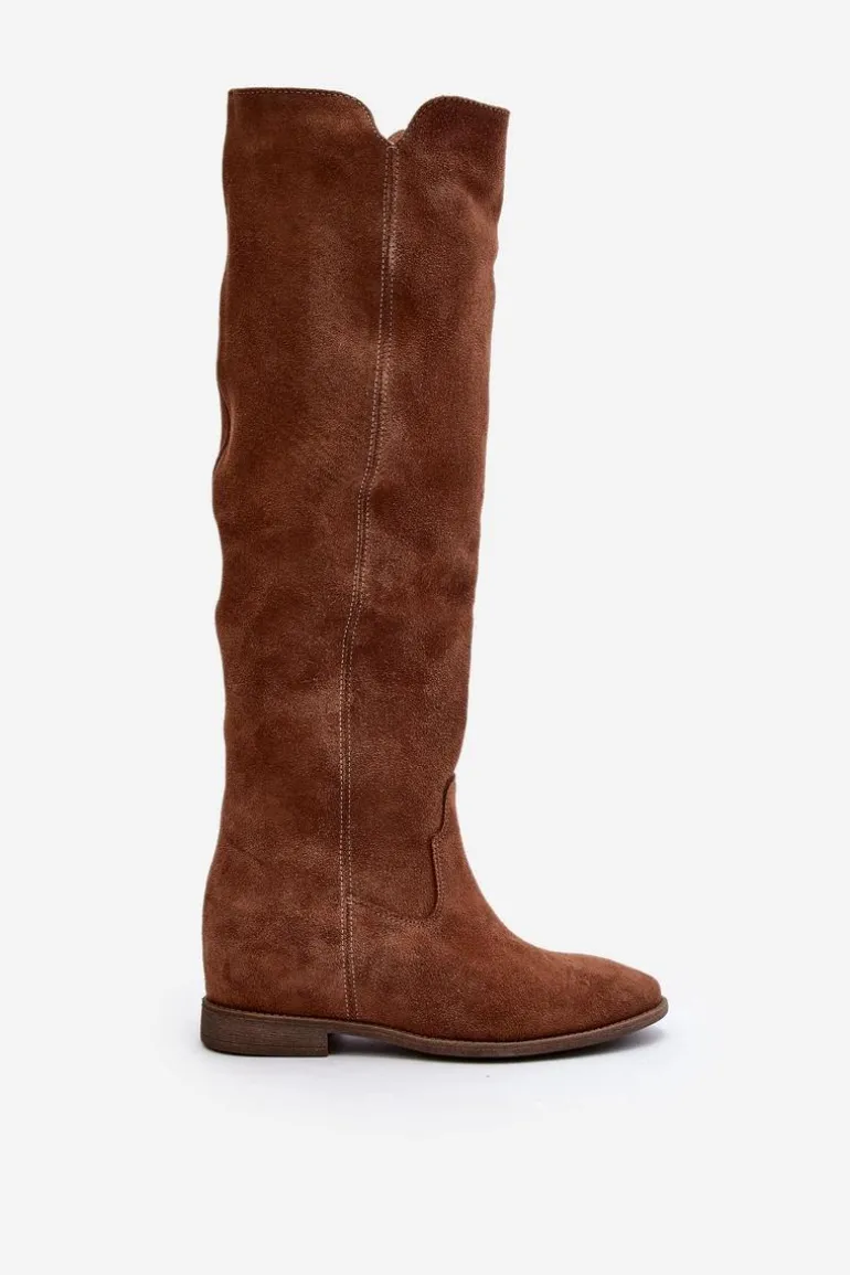 Zazoo 3407 Zamszowe Kozaki Do Kolana Na Płaskim Obcasie Camel
