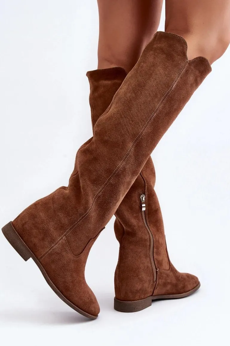 Zazoo 3407 Zamszowe Kozaki Do Kolana Na Płaskim Obcasie Camel