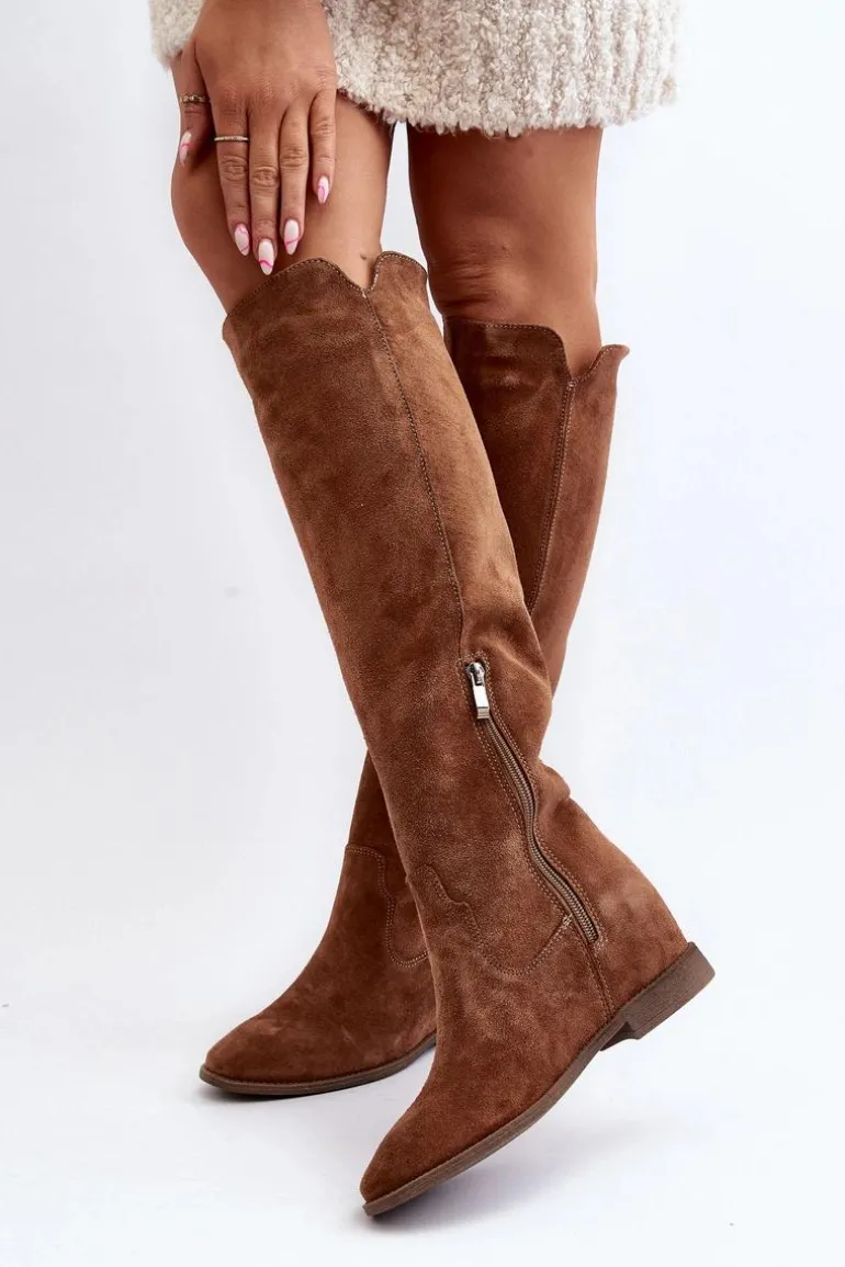 Zazoo 3407 Zamszowe Kozaki Do Kolana Na Płaskim Obcasie Camel