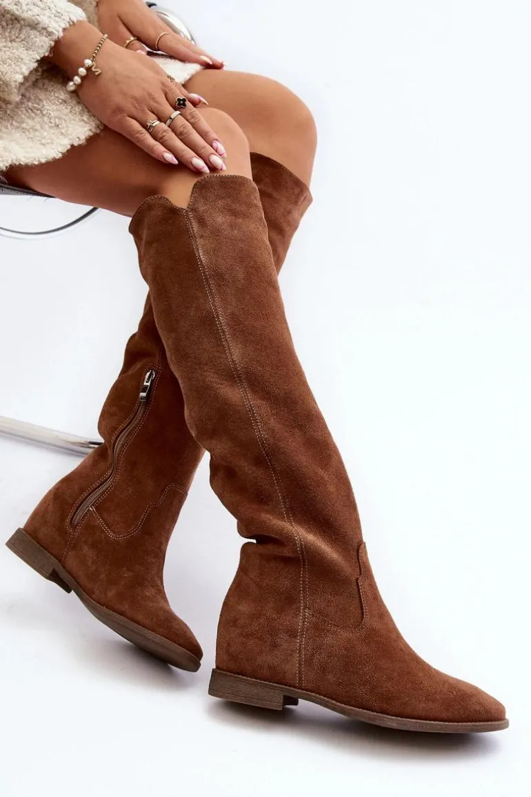 Zazoo 3407 Zamszowe Kozaki Do Kolana Na Płaskim Obcasie Camel