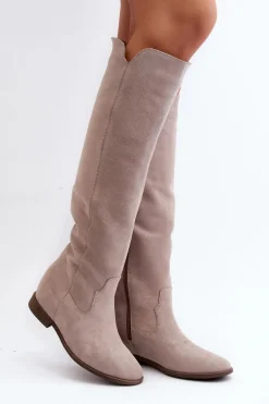 Zazoo 3407 Zamszowe Kozaki Do Kolana Na Płaskim Obcasie Cappuccino