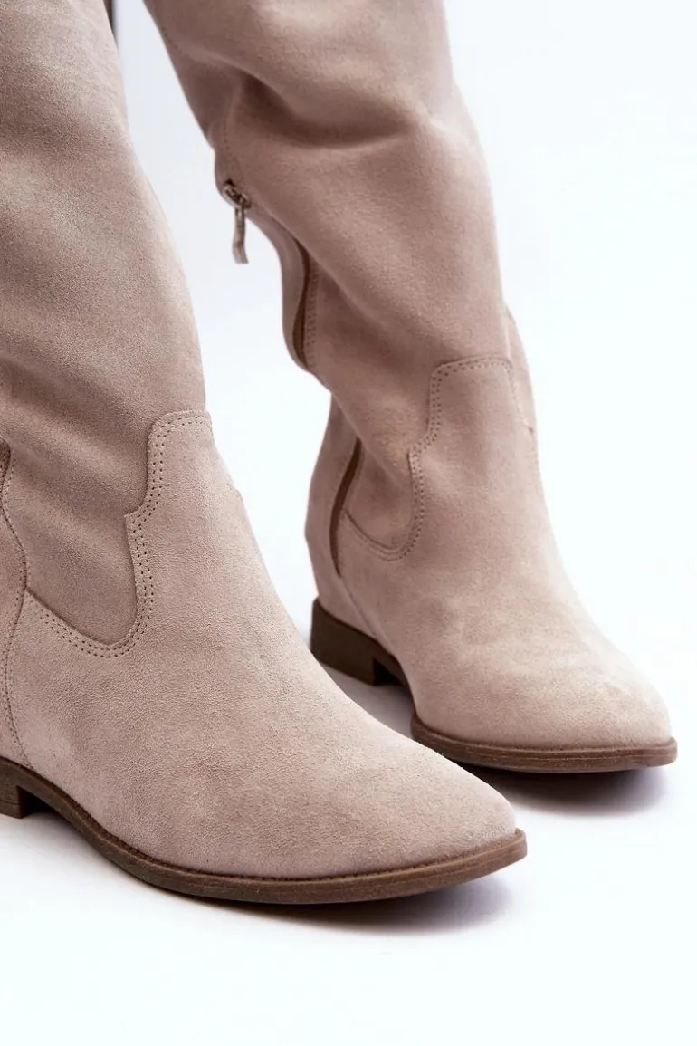 Zazoo 3407 Zamszowe Kozaki Do Kolana Na Płaskim Obcasie Cappuccino