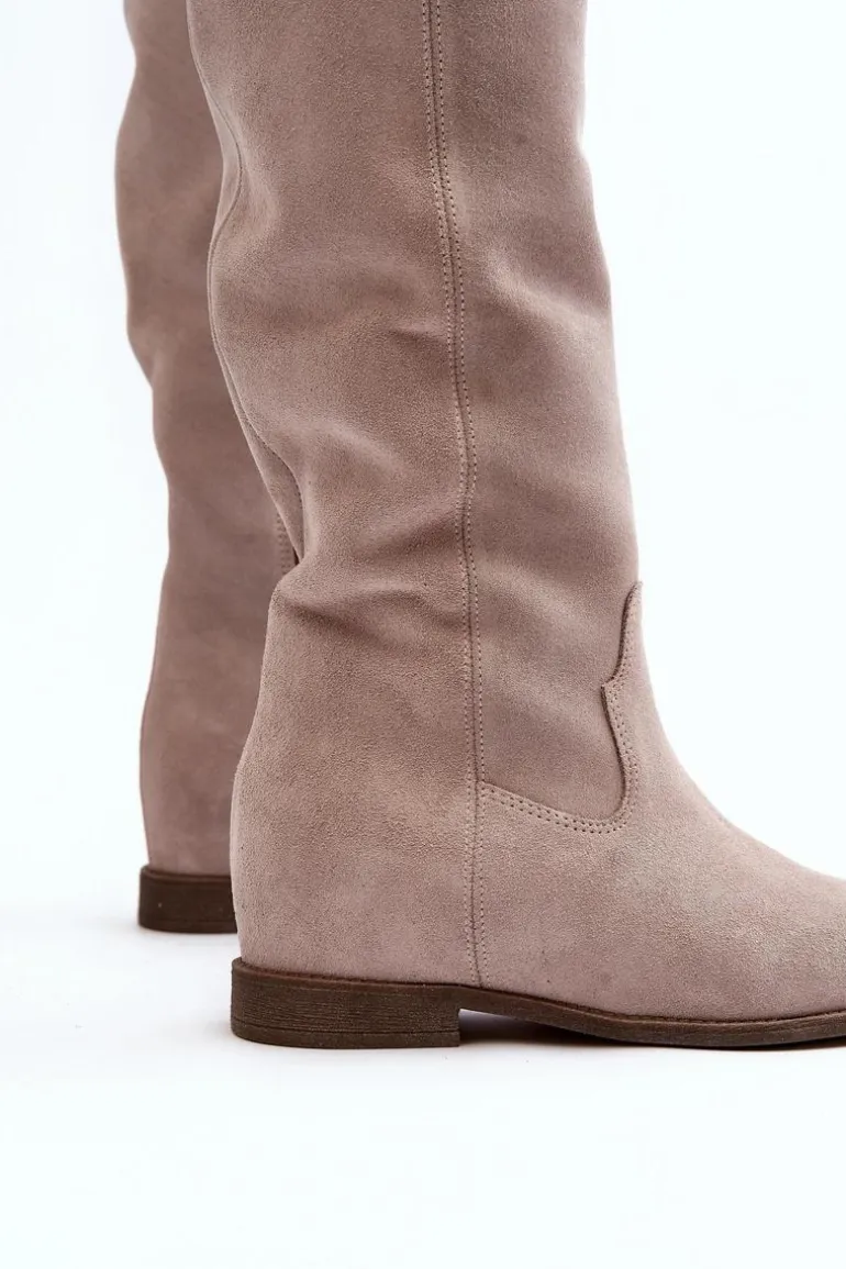 Zazoo 3407 Zamszowe Kozaki Do Kolana Na Płaskim Obcasie Cappuccino