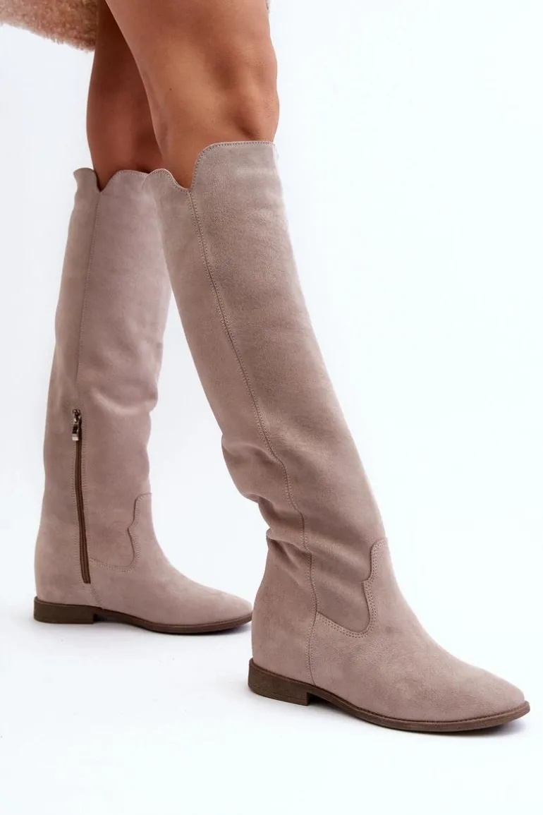 Zazoo 3407 Zamszowe Kozaki Do Kolana Na Płaskim Obcasie Cappuccino