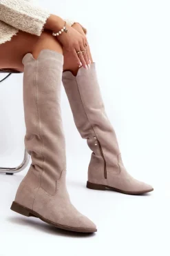 Zazoo 3407 Zamszowe Kozaki Do Kolana Na Płaskim Obcasie Cappuccino