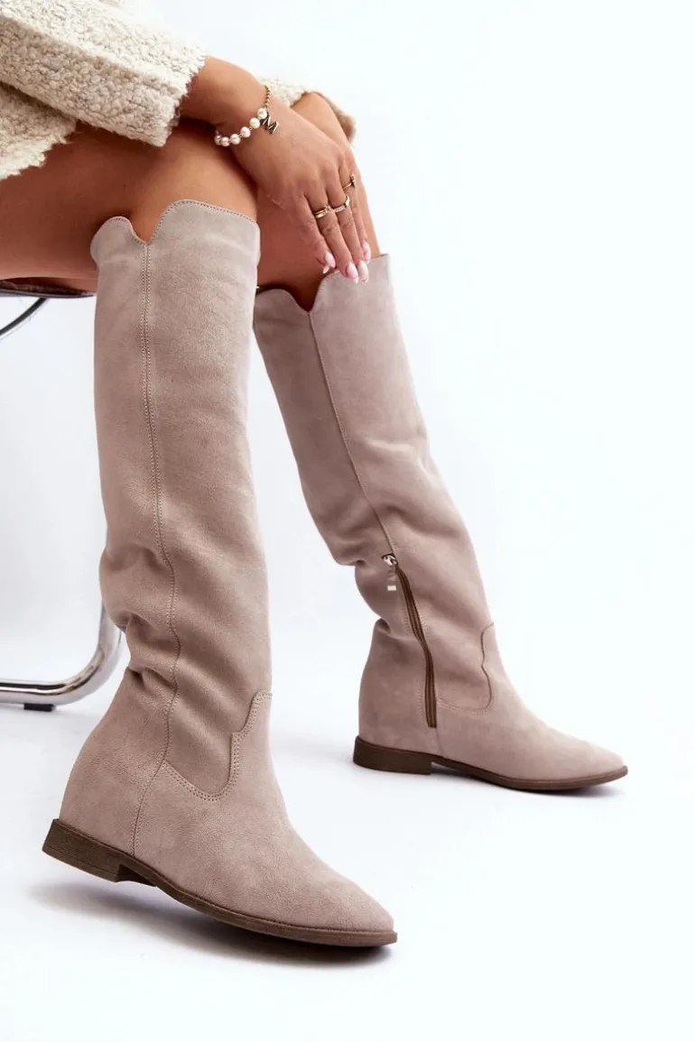 Zazoo 3407 Zamszowe Kozaki Do Kolana Na Płaskim Obcasie Cappuccino