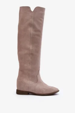 Zazoo 3407 Zamszowe Kozaki Do Kolana Na Płaskim Obcasie Cappuccino