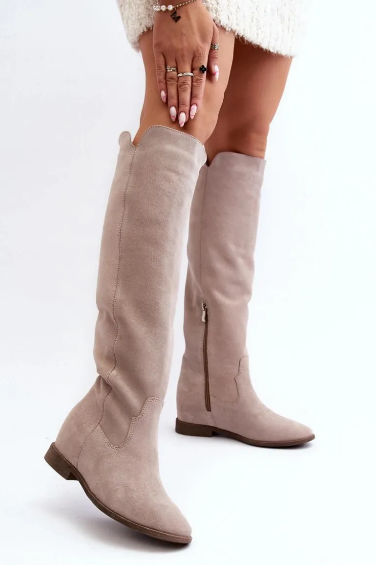 Zazoo 3407 Zamszowe Kozaki Do Kolana Na Płaskim Obcasie Cappuccino