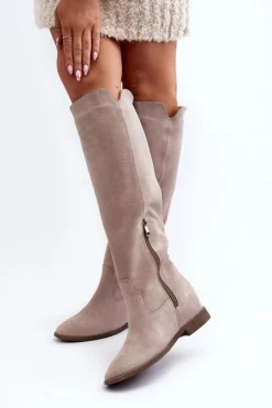 Zazoo 3407 Zamszowe Kozaki Do Kolana Na Płaskim Obcasie Cappuccino