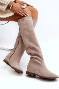 Zazoo 3407 Zamszowe Kozaki Do Kolana Na Płaskim Obcasie Cappuccino