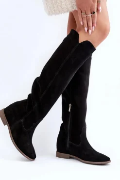 Zazoo 3407 Zamszowe Kozaki Do Kolana Na Płaskim Obcasie Czarne