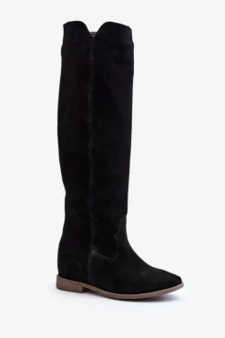 Zazoo 3407 Zamszowe Kozaki Do Kolana Na Płaskim Obcasie Czarne