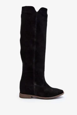 Zazoo 3407 Zamszowe Kozaki Do Kolana Na Płaskim Obcasie Czarne