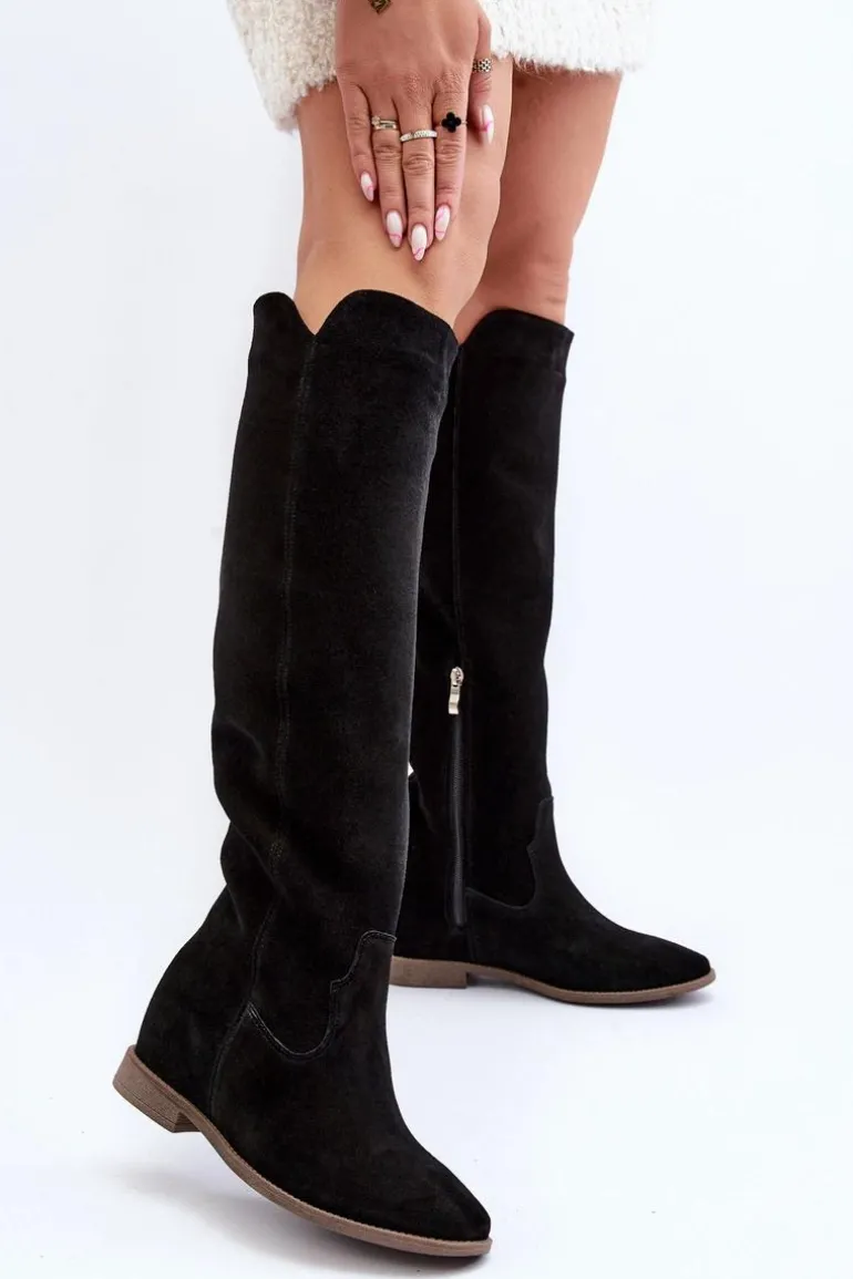 Zazoo 3407 Zamszowe Kozaki Do Kolana Na Płaskim Obcasie Czarne