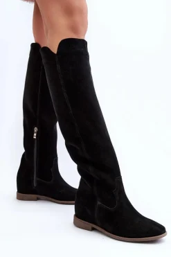Zazoo 3407 Zamszowe Kozaki Do Kolana Na Płaskim Obcasie Czarne