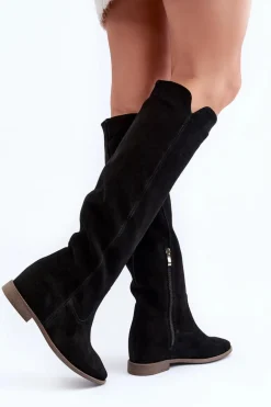 Zazoo 3407 Zamszowe Kozaki Do Kolana Na Płaskim Obcasie Czarne