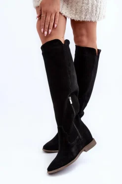Zazoo 3407 Zamszowe Kozaki Do Kolana Na Płaskim Obcasie Czarne