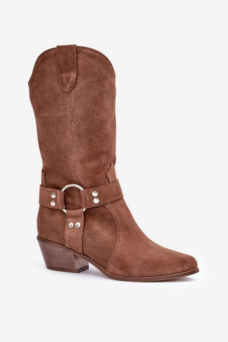 Zazoo 3669 Zamszowe Kozaki Kowbojki Damskie Do Połowy Łydki Brązowe