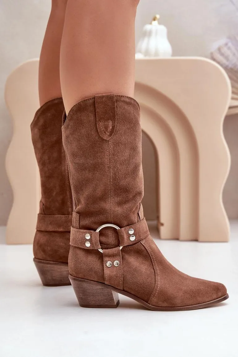 Zazoo 3669 Zamszowe Kozaki Kowbojki Damskie Do Połowy Łydki Brązowe