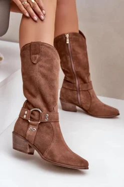 Zazoo 3669 Zamszowe Kozaki Kowbojki Damskie Do Połowy Łydki Brązowe