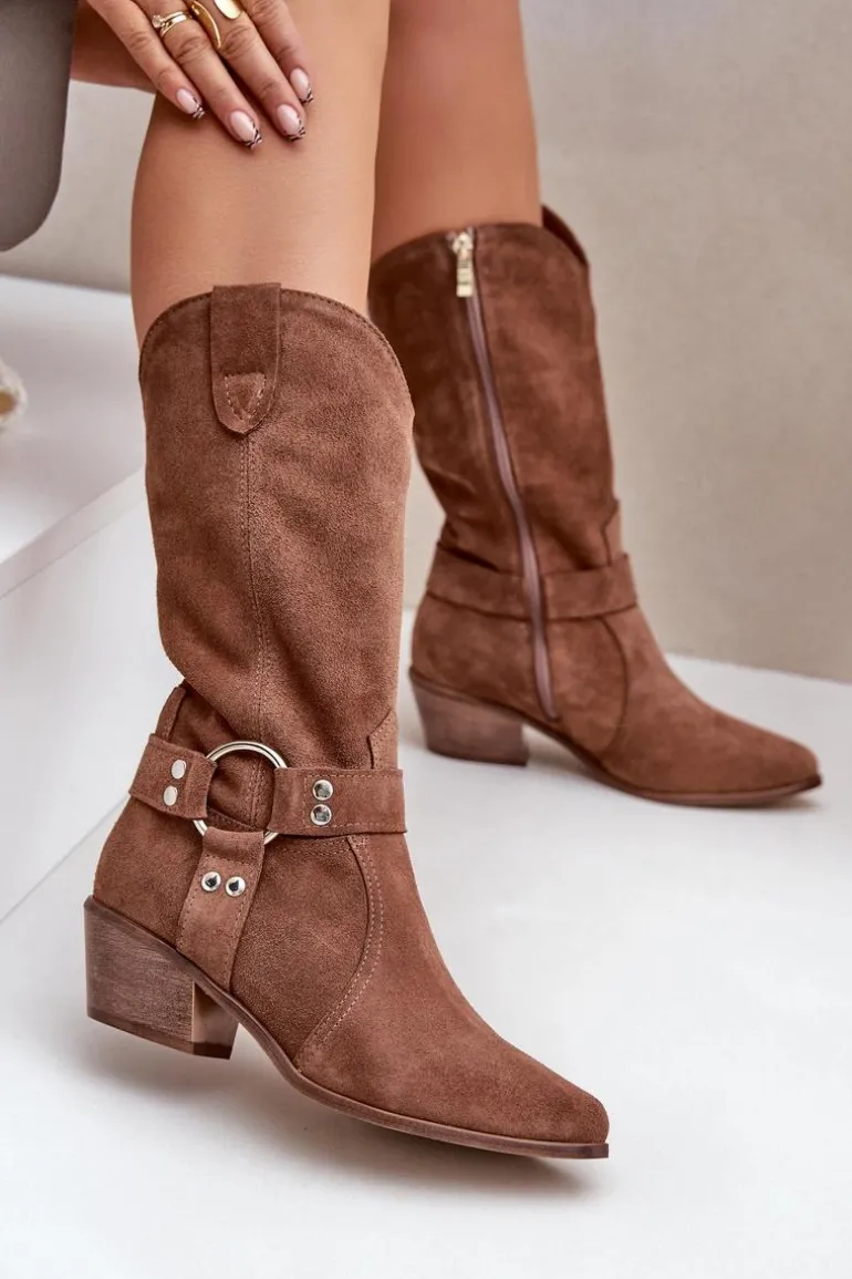 Zazoo 3669 Zamszowe Kozaki Kowbojki Damskie Do Połowy Łydki Brązowe