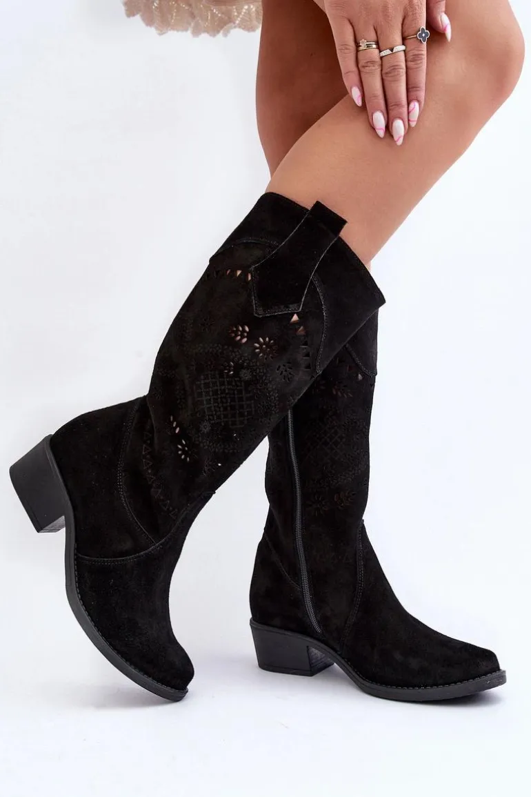 Zazoo 4043 Zamszowe Kozaki Na Niskim Obcasie Ażurowe Czarne