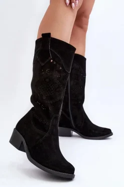 Zazoo 4043 Zamszowe Kozaki Na Niskim Obcasie Ażurowe Czarne