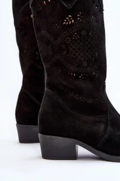 Zazoo 4043 Zamszowe Kozaki Na Niskim Obcasie Ażurowe Czarne