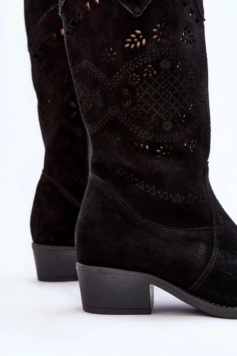 Zazoo 4043 Zamszowe Kozaki Na Niskim Obcasie Ażurowe Czarne