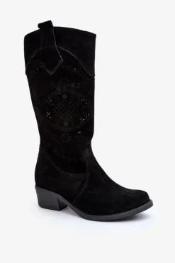 Zazoo 4043 Zamszowe Kozaki Na Niskim Obcasie Ażurowe Czarne