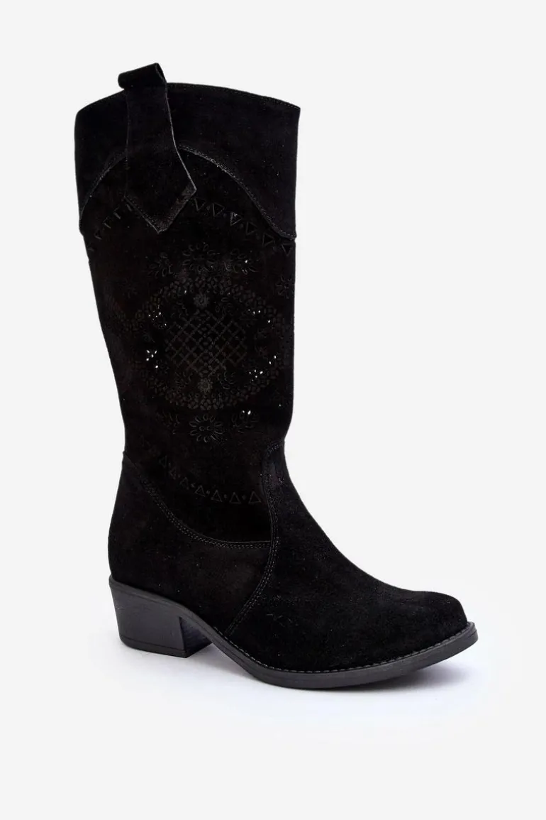 Zazoo 4043 Zamszowe Kozaki Na Niskim Obcasie Ażurowe Czarne