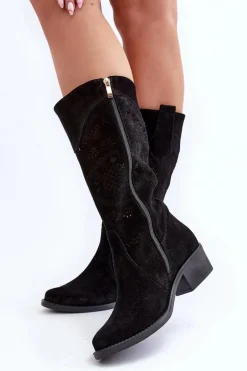 Zazoo 4043 Zamszowe Kozaki Na Niskim Obcasie Ażurowe Czarne