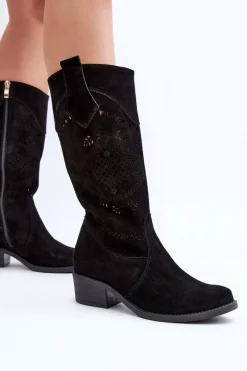 Zazoo 4043 Zamszowe Kozaki Na Niskim Obcasie Ażurowe Czarne