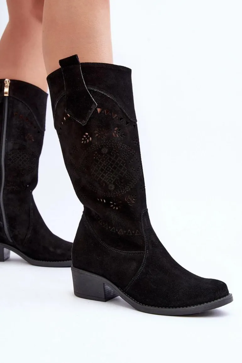 Zazoo 4043 Zamszowe Kozaki Na Niskim Obcasie Ażurowe Czarne