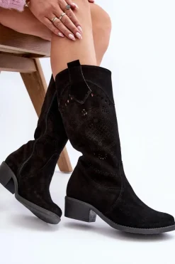 Zazoo 4043 Zamszowe Kozaki Na Niskim Obcasie Ażurowe Czarne