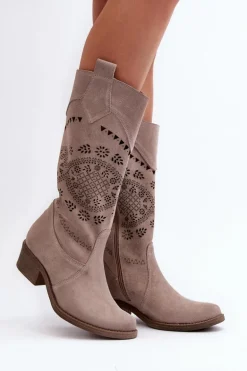 Zazoo 4043 Zamszowe Kozaki Na Niskim Obcasie Ażurowe Cappucino