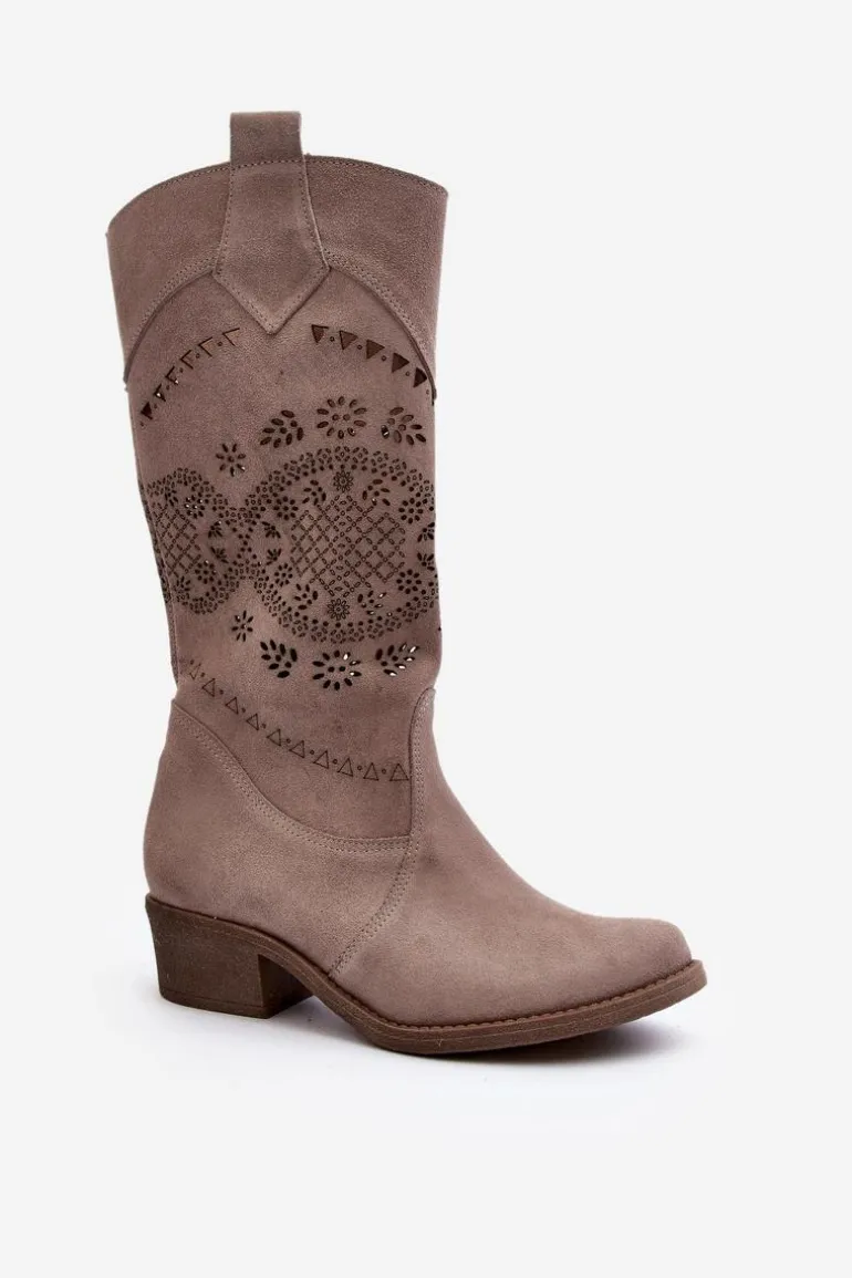 Zazoo 4043 Zamszowe Kozaki Na Niskim Obcasie Ażurowe Cappucino