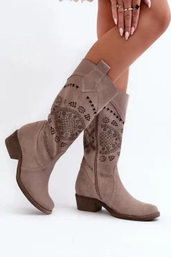 Zazoo 4043 Zamszowe Kozaki Na Niskim Obcasie Ażurowe Cappucino