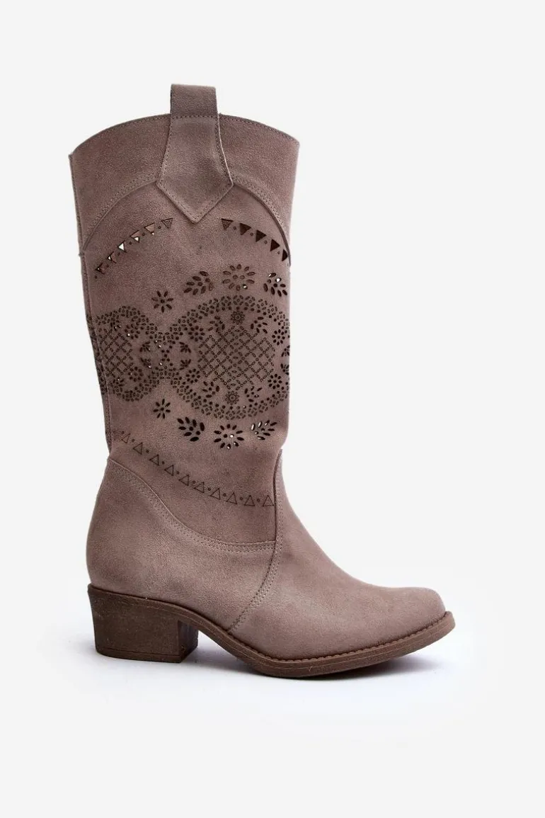 Zazoo 4043 Zamszowe Kozaki Na Niskim Obcasie Ażurowe Cappucino