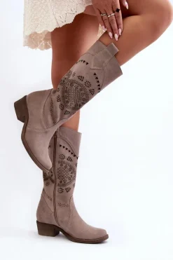 Zazoo 4043 Zamszowe Kozaki Na Niskim Obcasie Ażurowe Cappucino